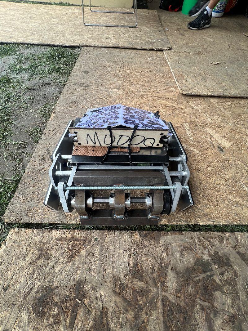 Cowbot outdoors with a cow-print top plate labeled MOOOO.